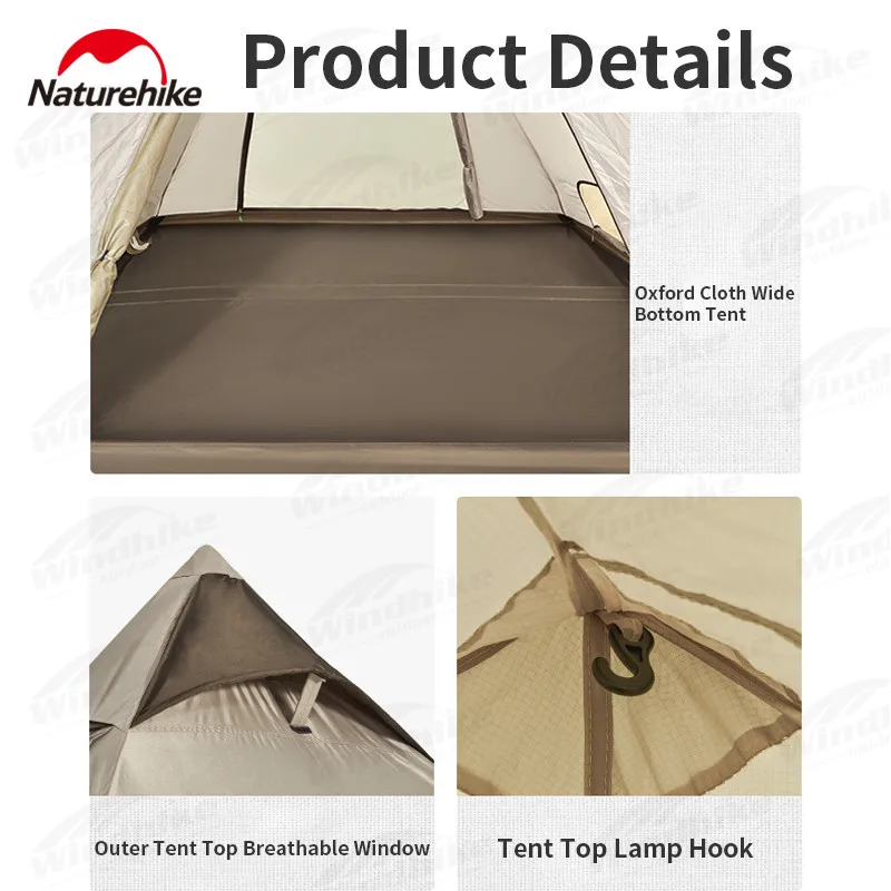 

Naturehike Glamping Pyramid Automatic Tent 3-4 Persons Large Hall Double Door Portable Hiking Travel Camping Tent Quick Open