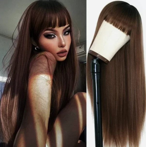 

Темно-коричневый парик Длинный прямой парик фронта шнурка с челкой 13x4 HD Предварительно выщипанный бесклеевой синтетический парик фронтальной части шнурка Косплей на продажу