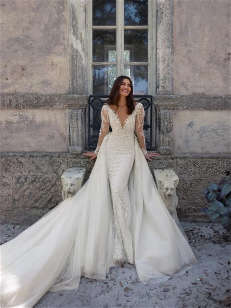 Long Sleeve Wedding Dress Mermaid Dresses 2024 Vestido De Novia Desmontable 2 en 1 Lace Vestidos Sencillos Noivas Brautkleid