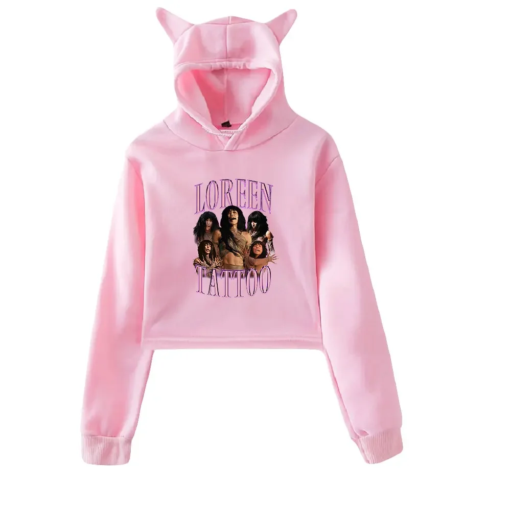 Loreen Merch Crop Top Hoodie for Teen Girls Streetwear Hip Hop Kawaii Cat Ear Harajuku Cropped Sweatshirt Pullover Tops