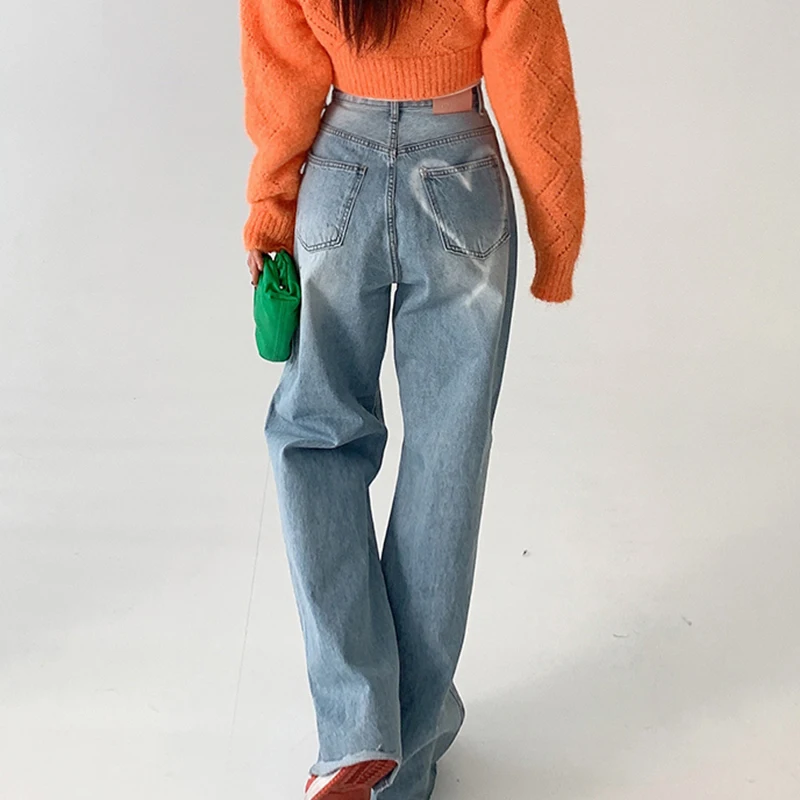 

High Waist Wide Leg Denim Jeans Women's Spring Summer Chic Vintage All-Match Heart Print adient Color Straight Cut Jeans