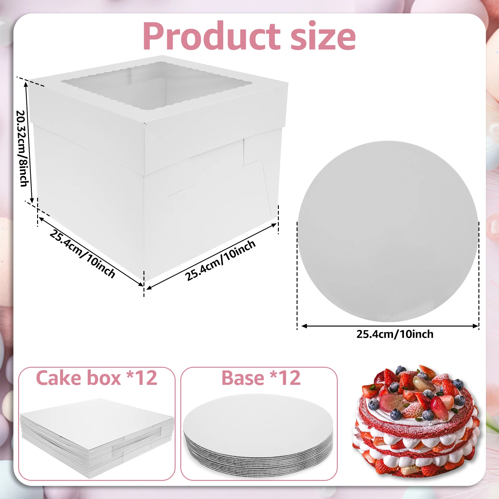 10Pcs Tall Cake Box with Cake Boards 10 Inch White Tall Bakery Boxes with Clear Window Large Cake Containers Multifunction Tall