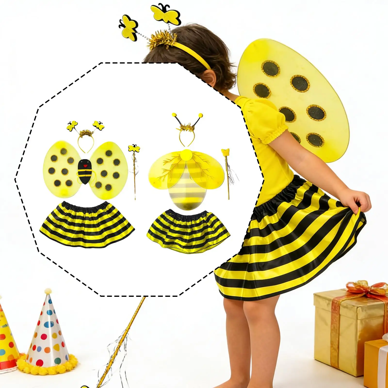 Bumble Bee Kostümset für Mädchen, Polyester-Cosplay-Set mit Rock, Flügeln und Zauberstab für Party und Bühnenauftritte