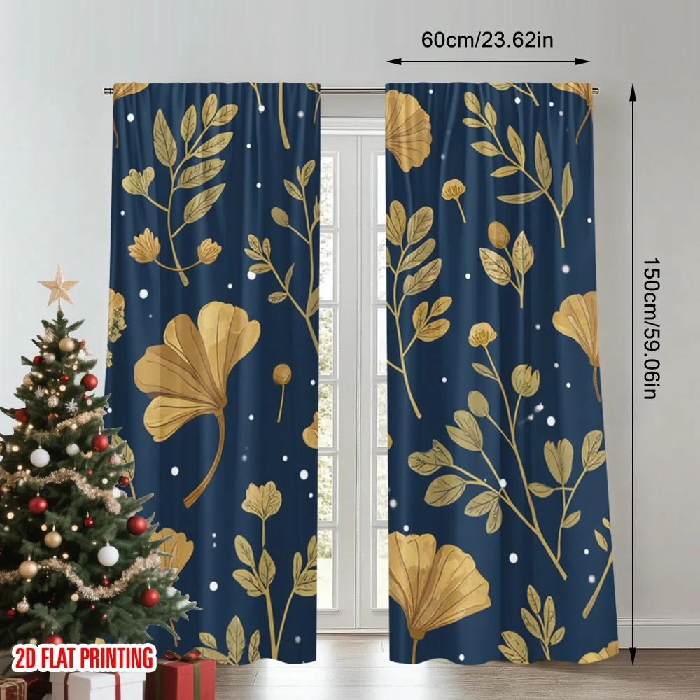 2pcs 2D flat printing Curtains Golden Ginkgo Leaves Digital Printed Polyester Drapes Festive Curtains for Holiday Bedroom Window