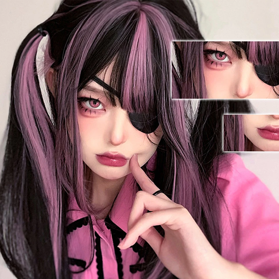 

Natural Long Straight Synthetic Black Wig with Bangs for Women, Lolita Cosplay Hair Wigs, Heat Resistant Fiber, Daily Party, Fem