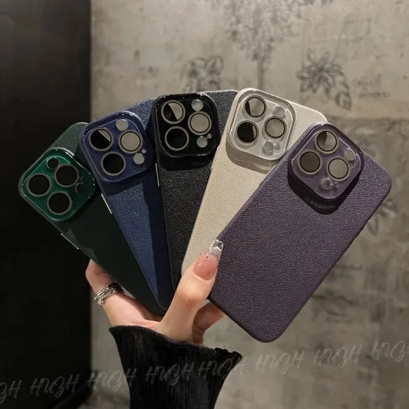 Litchi imitation dermatoglyphic solid color scrub, suitable for iphone 11 12 13 14 15 16 pro max, all-inclusive lens phone case