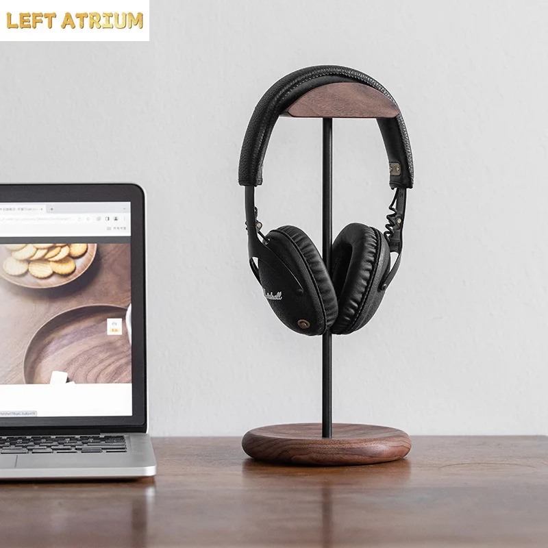 Walnut Wood & Metal Headphone Stand – Minimalist Gaming Headset Holder for Desk, Office & Home – Premium Earphone Display Rack