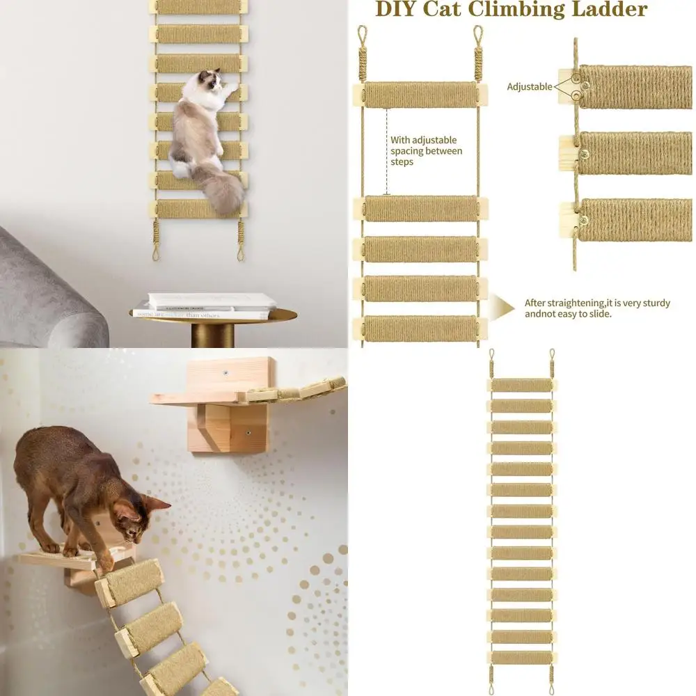 

Indoor/Outdoor Sisal Rope Cat Ladder & Bridge, 40in Wood-Tone Wall Climbing Furniture for Cats, Birds, Small Pets