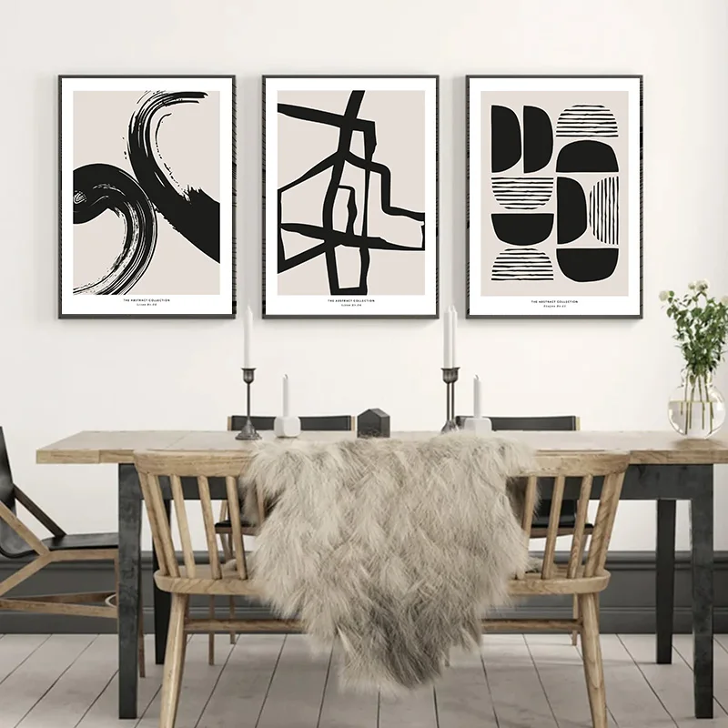 Minimalist Paint Strokes Abstract Wall Art Print Black and Beige Line Scribbles Poster Mid Century Brush Geometric Picture Decor