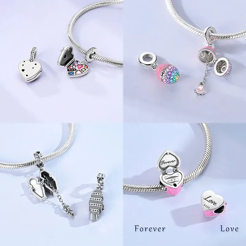 Egg Clock House Suitcase Crystal CZ Original Charm Silver Plated Bead Fit Bracelets Bag Keychain Charms Diy Women Gift Accessory