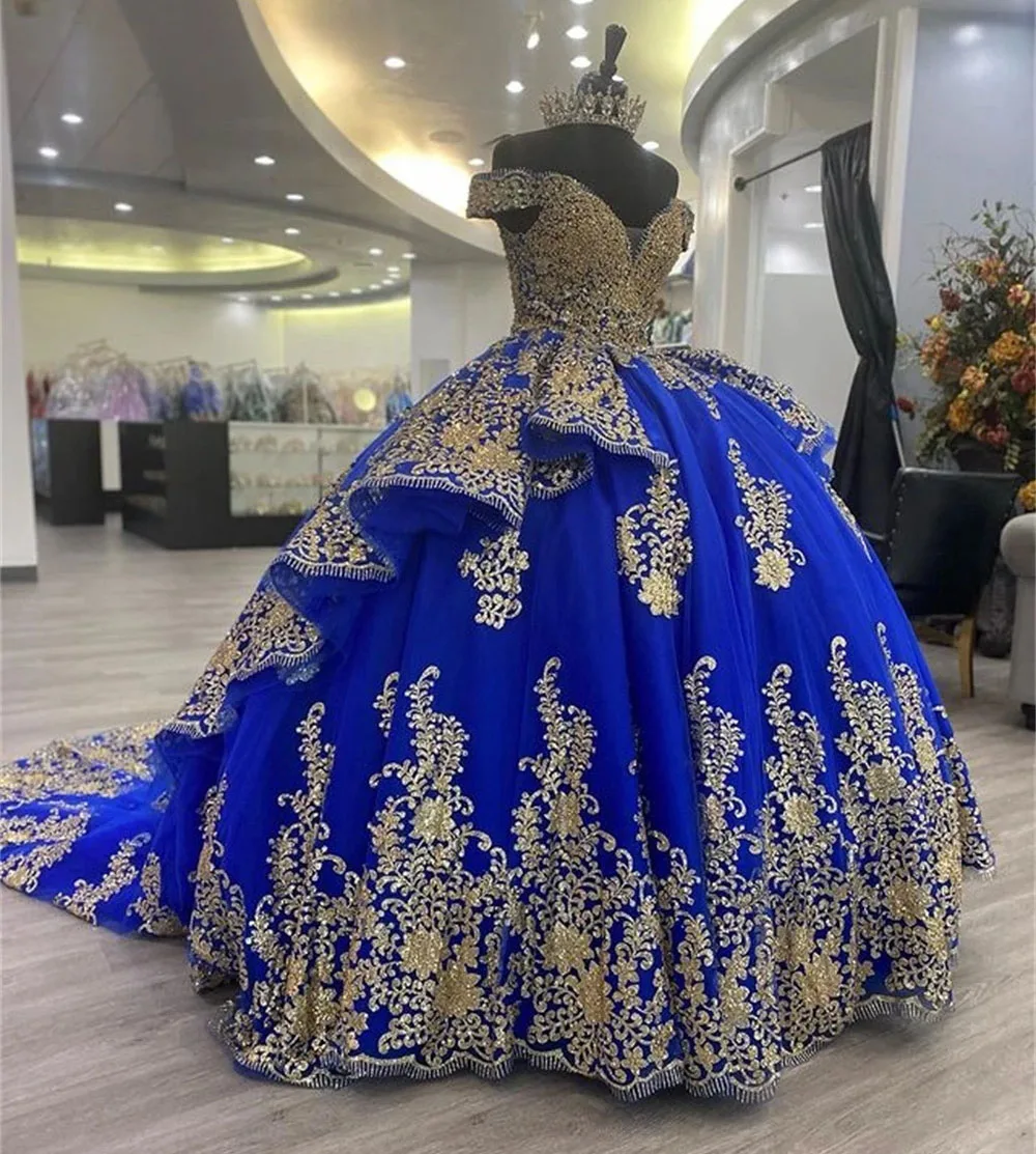 Azul Royal Princesa Quinceanera Vestidos, Vestido de baile, Apliques fora do ombro, Doce 16 Vestidos, 15 Anos, Mexicano