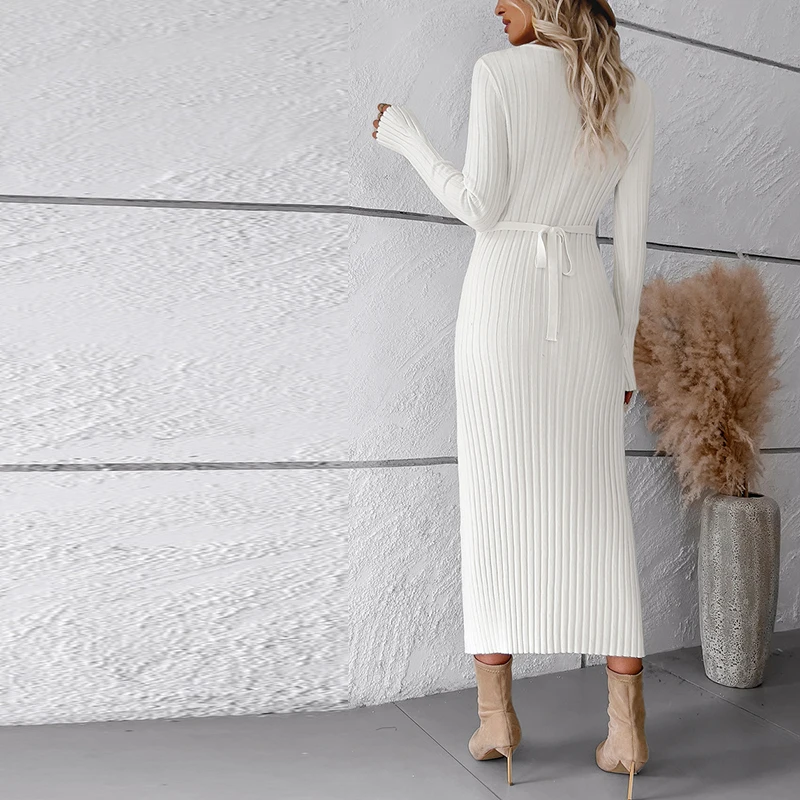 Fall Winter Women Sweater Dresses Vneck Long Flare Sleeve Knitted Rib Striped Back Bandage Bodycon Lady Elegant MIDI Black Dress