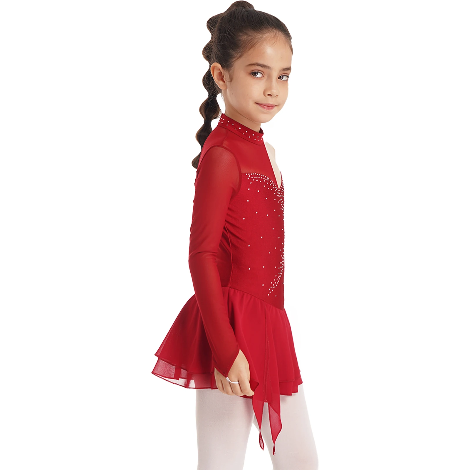 Kids Girls Rhinestone Figure Ice Skating Dress Ballet Dance Gymnastics Leotard Tutu Long Sleeve Ballroom Performance Dancewear