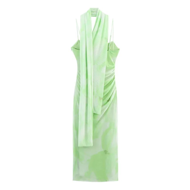 DSMTRC Female Sexy Backless Slim Sling Long Dresses Mujer Fashion Light Green Women Summer Romantic Scarf Decorated Tulle Dress