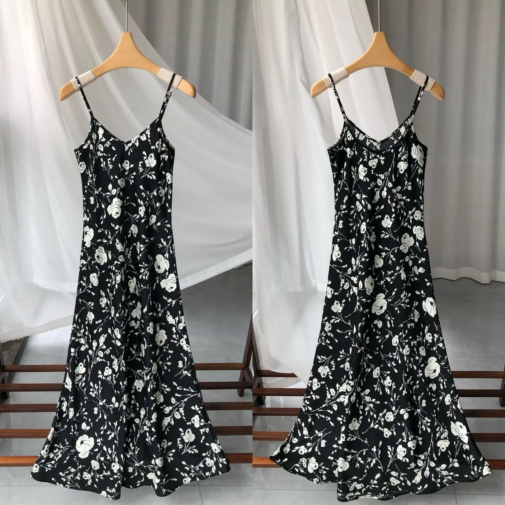 

Vintage Bias Cut Print Women 100% Silk Suspender Dress Summer Vacation Style Sling Robe V-Neck Sleeveless Silk Slip Midi Dress