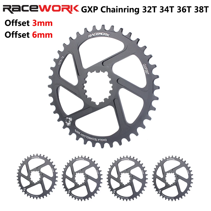 RACEWORK MTB 3/6mm Offset Chainring Narrow Wide Mountain Bike Chainwheel 32T 34T 36T 38T Crown For GXP XX1 X9 XO1 GX NX Crankset