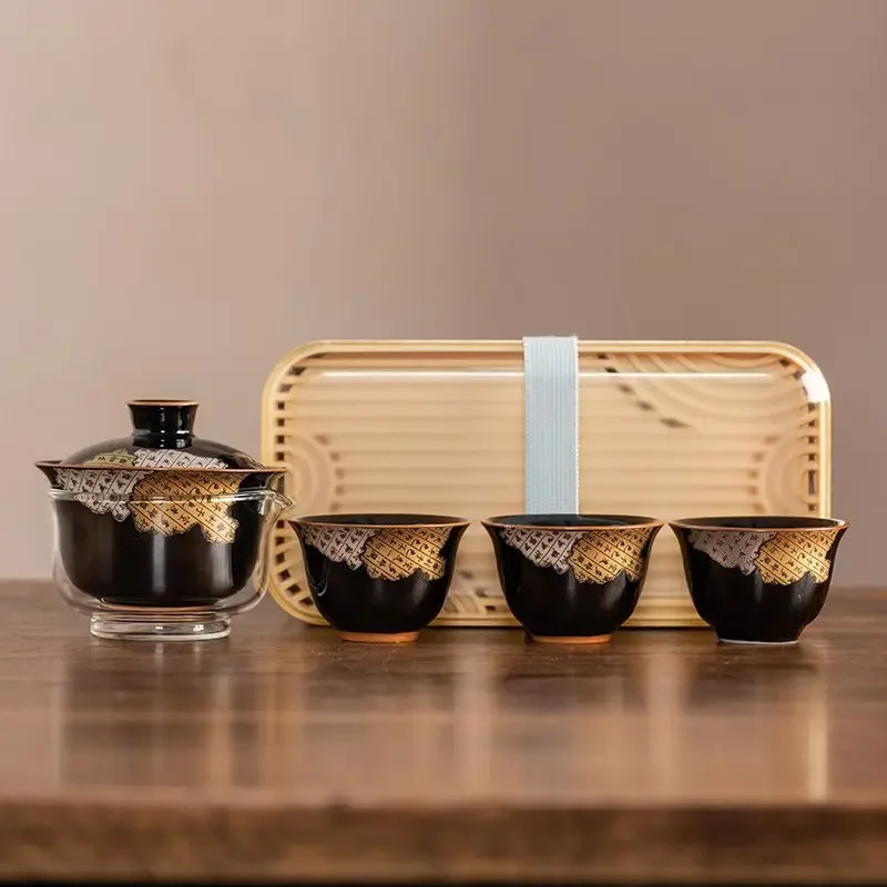 

Черное золото, восемь сломанных дорожных чайных сервизов, миска, три чашки, чайный сервиз кунг-фу, высококачественная простая портативная коробка для быстрой хранения чашек