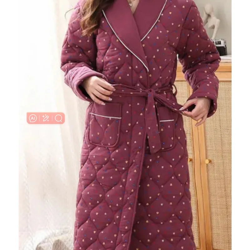 File Pure Cotton Robe Women\'s Winter Three-layer Thick Padded Cotton-padded Padded Jacket Warm Large Size Elderly  Home Wear