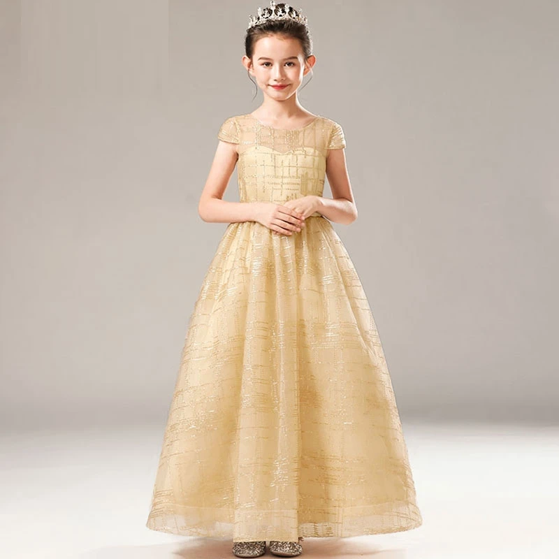 Birthday Evening Champagne Color Children Princess Host Performance Costume Piano Sequin Flower Girl Dresses