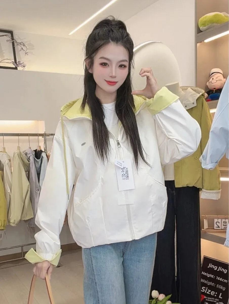 Color Block Hoodie Short Jacket Women's Casual Style Versatile Slimming Top Spring New Arrival Small Size Age Reduction