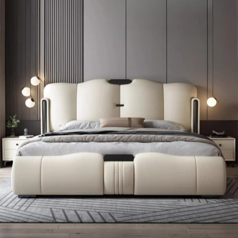 Queen Size Leather Bed Double Set Backrest White Modern Storage Bedroom Beds King Loft 180X200cm Cama De Casal Bedroom Furniture