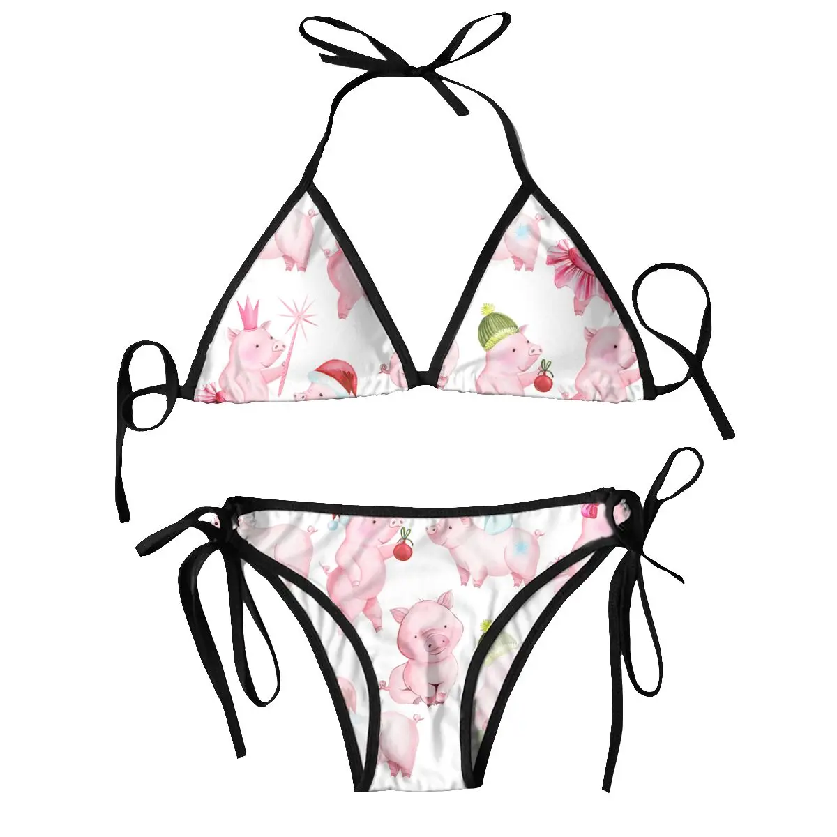 Women Sexy Bikini Set Bra Halter Thong Swimsuit Beachwear Bathing Watercolor Cute Pink Pig