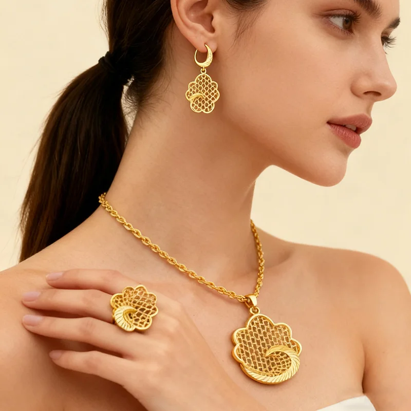 

Dubai Round Gold Color Arabian Women Jewelry Set nigerian wedding jewelry Necklace Earrings rings gold plated jewelry sets gifts