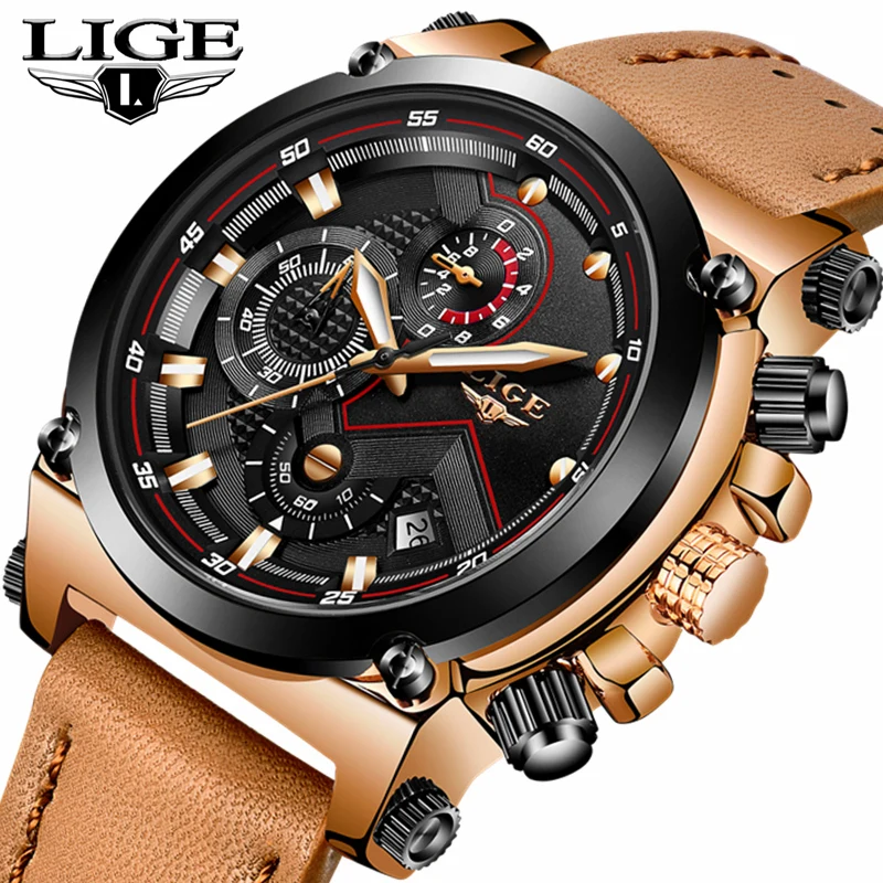 LIGE Mens Watches Fashion Sport Quartz WristWatch with Brown Leather Strap Chronograph Waterproof Auto Date Watch Men Clock Gift