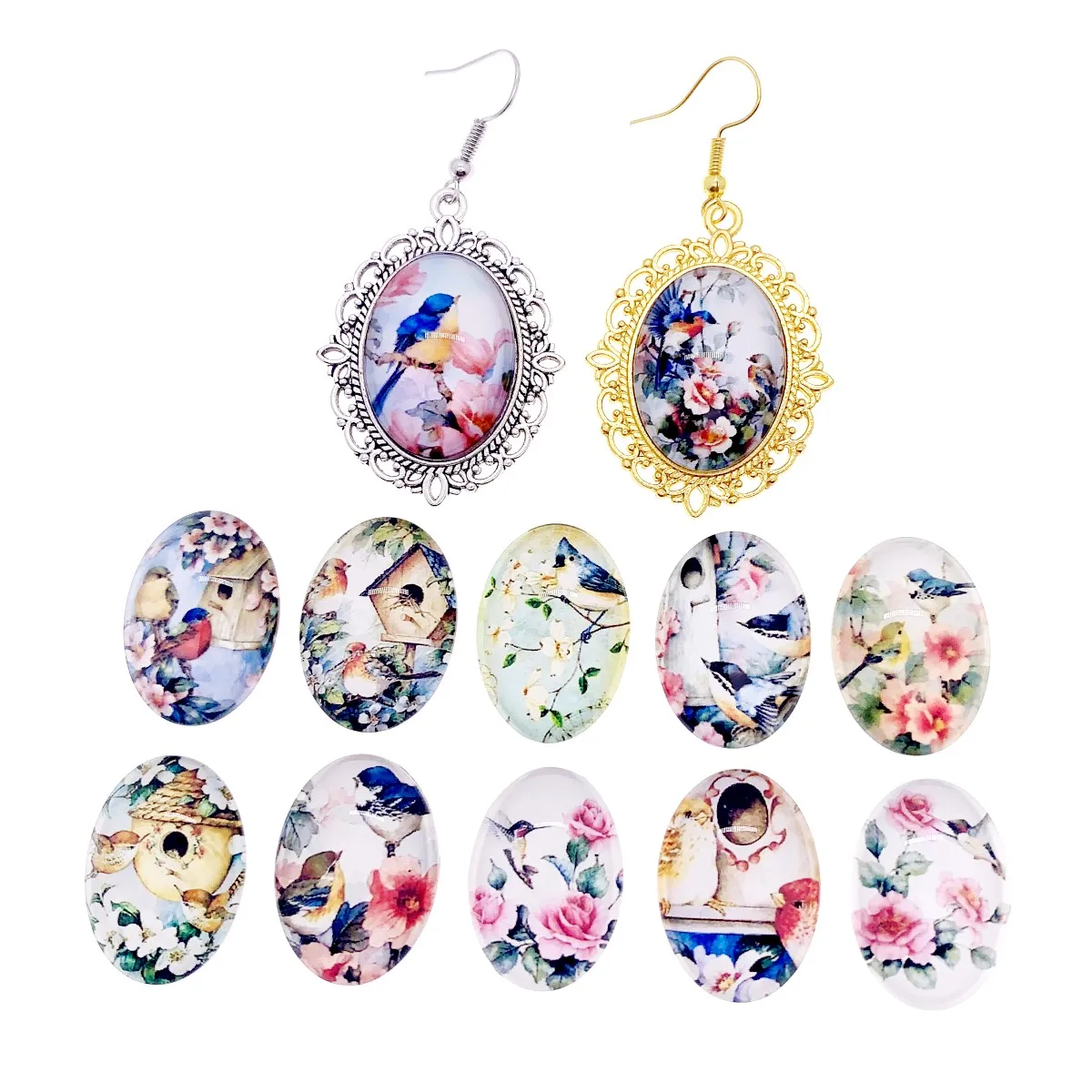 Onebeading 18x25mm Random Mixed Flower Bird Oval Glass Cabochons With Flatback Photo Dome Jewelry Pendant base 20pcs K05397