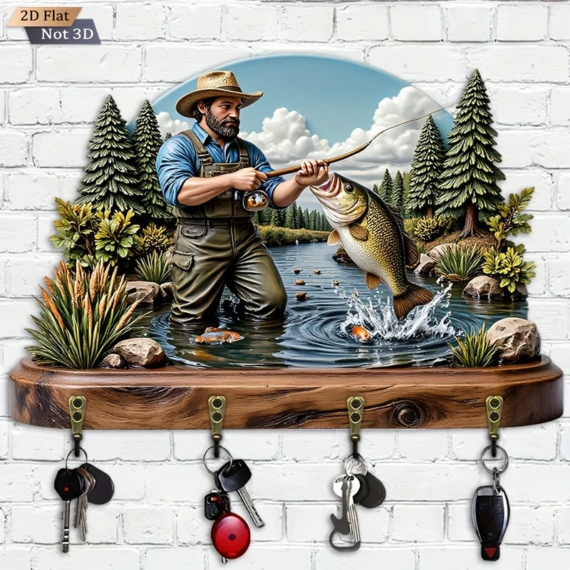 2D Flat. 1pc. Fishing Scene Key Hook - Wooden Multi-Functional Decorative Key Holder with Four Metal Hooks, Wall Decoration,