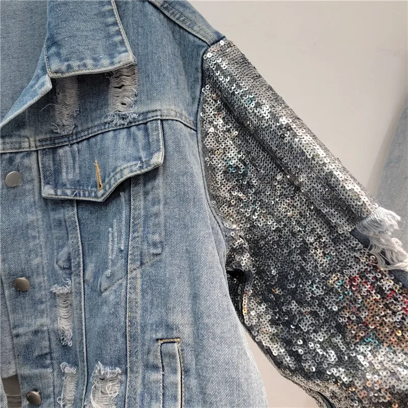 Spring New Fashion Sequin Long Sleeve Patchwork Hole Denim Jacket Women Blue Black Casual Loose Female Jeans Jacket Streetwear