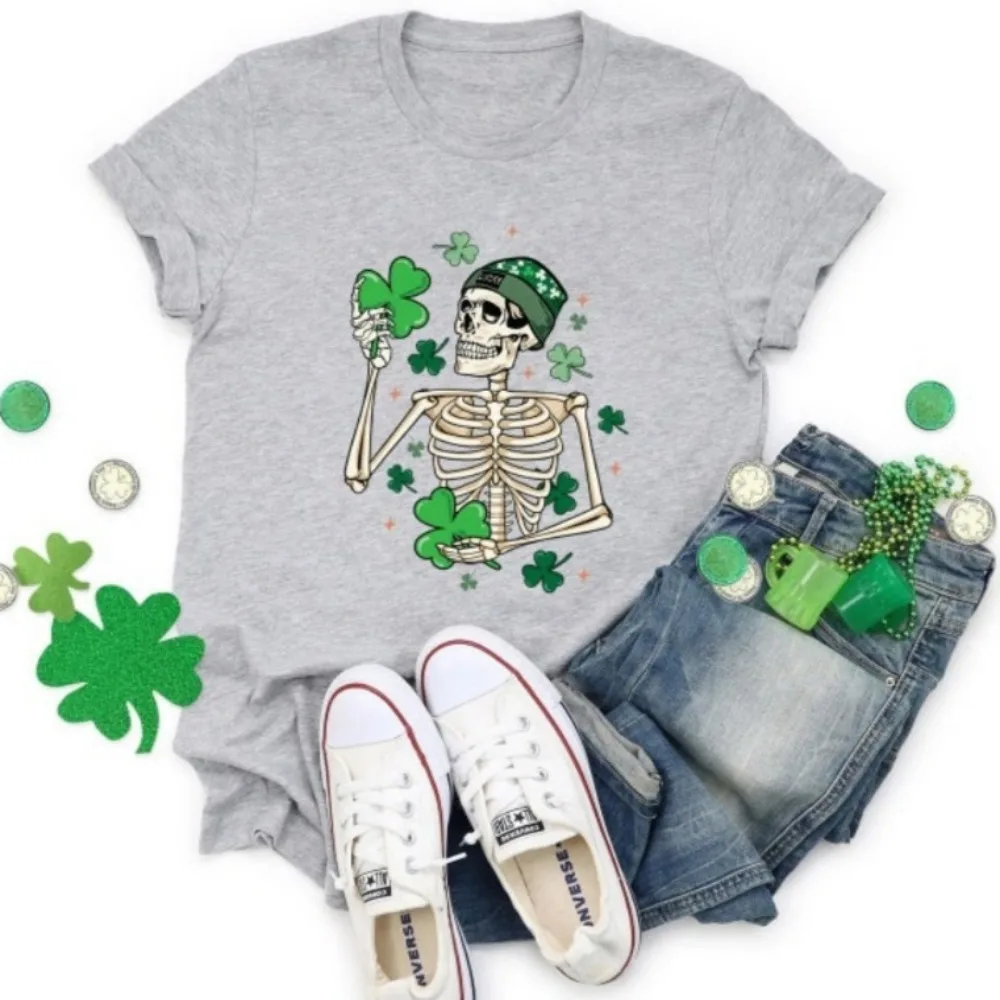 St. Patrick's Skeleton Shirt St Patty's Skeleton Dancing Skeleton Funny St Patrick's Irish Shirt Graphic T Shirts Ropa De Mujer view 4