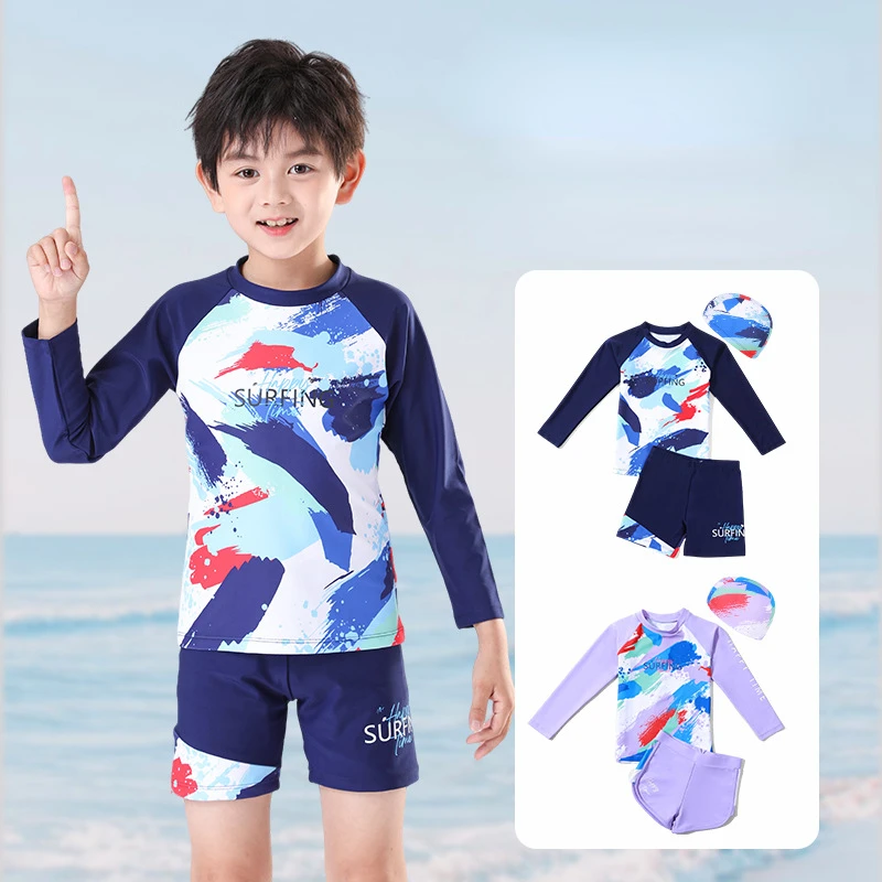 Children's Long Sleeve Professional Sunscreen Swimwear, Girls and Boys Swimsuit, Kids Hot Spring Clothes, 2 Pcs