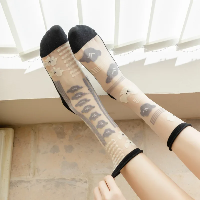 Cute Ultra-thin Transparent Crystal Silk Socks Fashion Woman Socks Harajuku Floral Retro Japan Style Colorful Kawaii Socks
