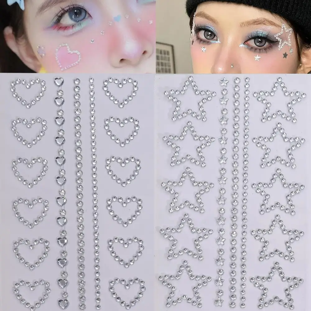 1Pcs 3D Hollow Star/Love Jewelry Tattoo Stickers Bling Gems Self-Adhesive Decals for DIY Eye/Face/Body Heart Rhinestones Tattoos