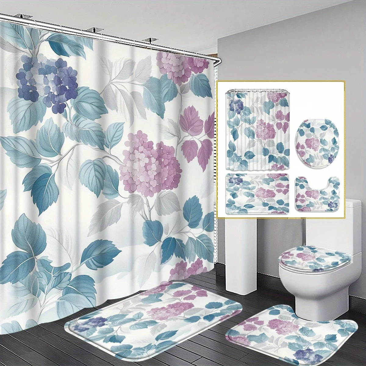 

4pc Hydrangea pattern bathroom set, shower curtain with hooks, non-slip mat, toilet seat cover, non-slip mat