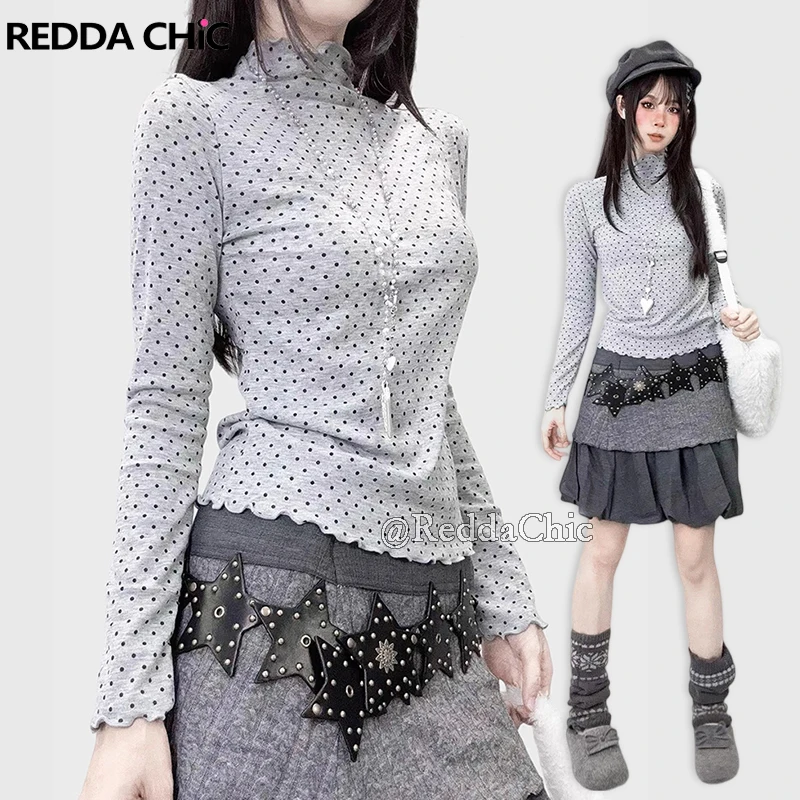 REDDACHiC Grunge Polka Dots Women's T-shirt Vintage Fall Thin Mock Neck Frill Trim Long Sleeves Tee Top Y2k Alternative Clothing
