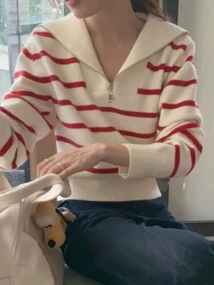 

Chic Autumnal Vintage Loose Fit f Zip Navy Collar Long Sve Striped Knitted Sweater Casual Versatile Polyester Fiber