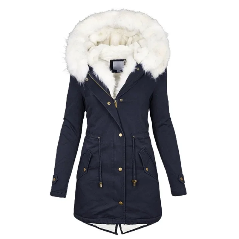 Womens Jacket Winter Warm Fleece Hooded Coat Medium Long Solid Color Faux Fur Zipper Windbreaker Jacket Parka Coats Outwear