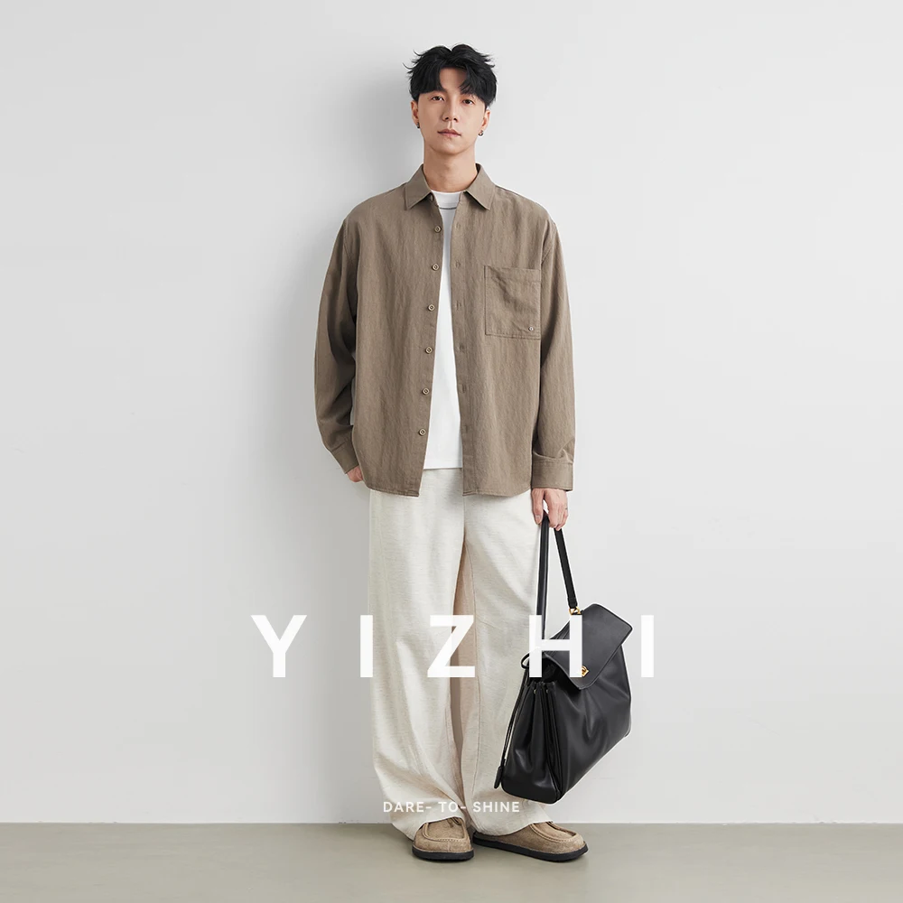 

Fashion Retro Brown Men's Trendy Breathable Lapel Long Sve Sun Protection Open Cardigan Casual Versatile Lyocell Autumn Jacket