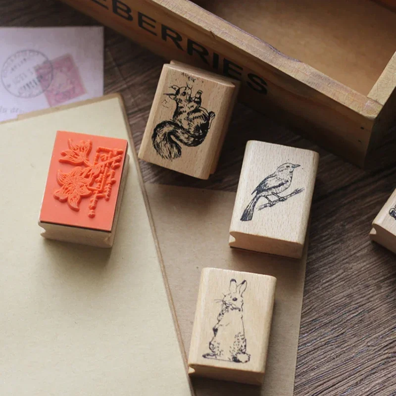 Cute Wooden Animal Stamps Rubber Stamp Scrapbooking Painting Cards Deer Panda Rabbit Flower Decor Fashion DIY Home Sewing Crafts