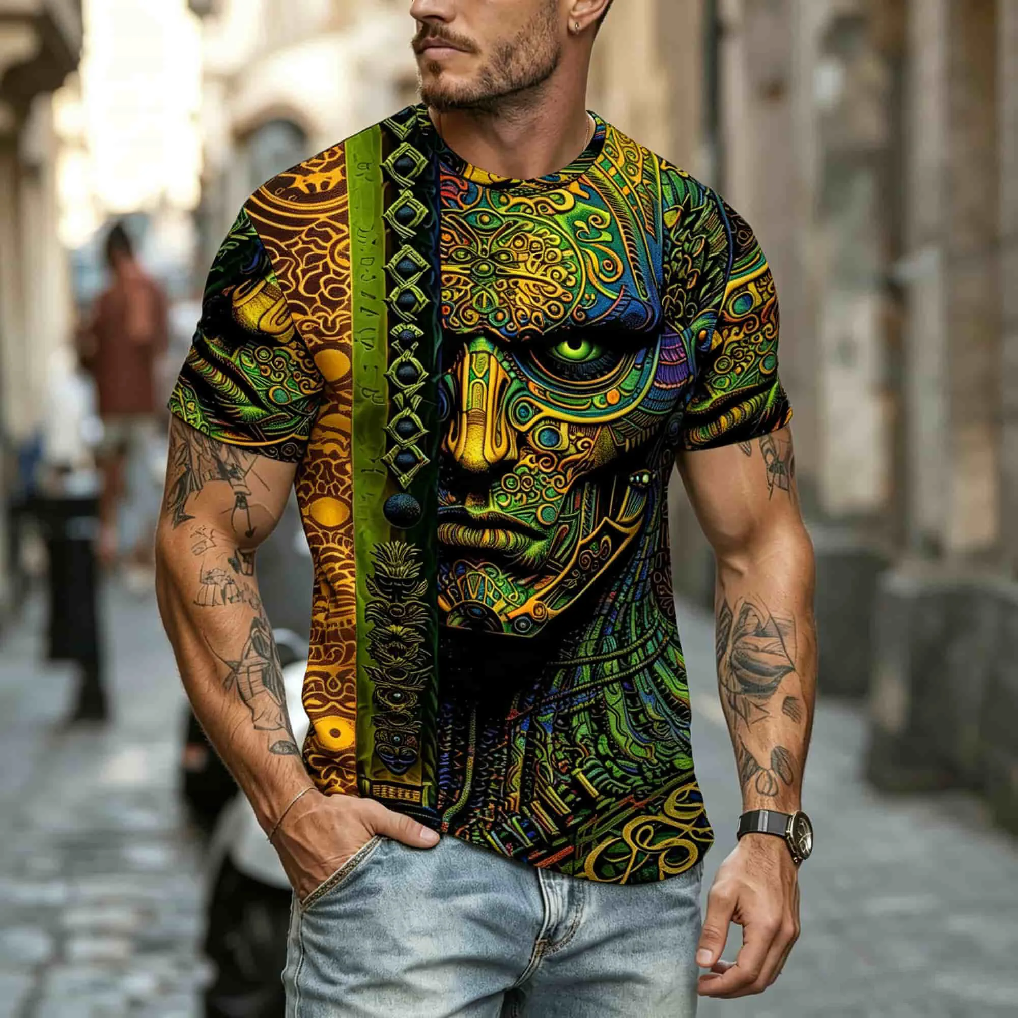 Herren-T-Shirt im Ethno-Stil mit kurzen Ärmeln, psychedelischem Tribal-Totem-All-Over-Print, lässiges Hip-Hop-Streetwear-Shirt mit Rundhalsausschnitt – Detail 5