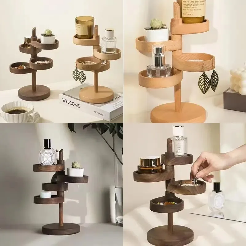 Wooden Multi Layer Rotatable Storage Rack Entrance Door Key Holder Creative Solid Wood Desktop Accessories Organizer Box