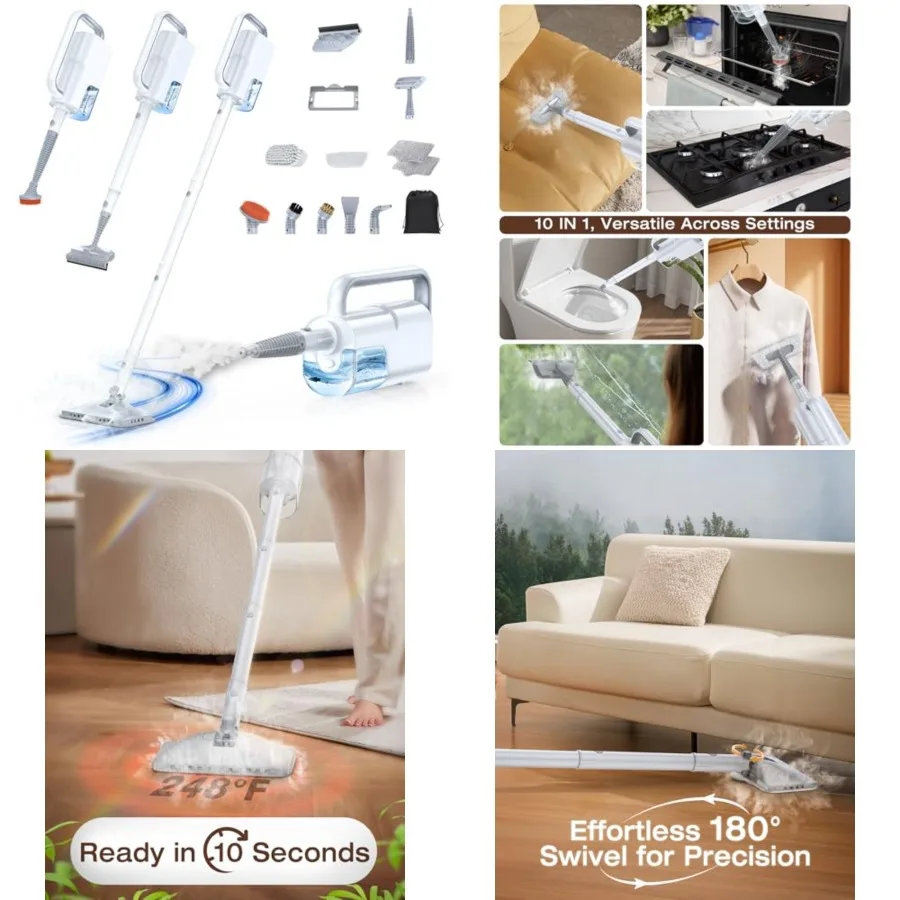 

10-in-1 Steam Mop with Detachable Handheld Steamer, 350ml Tank, 10s Heat-Up, 248F Steam Cleaner, 3-Level Control and Swivel Hea
