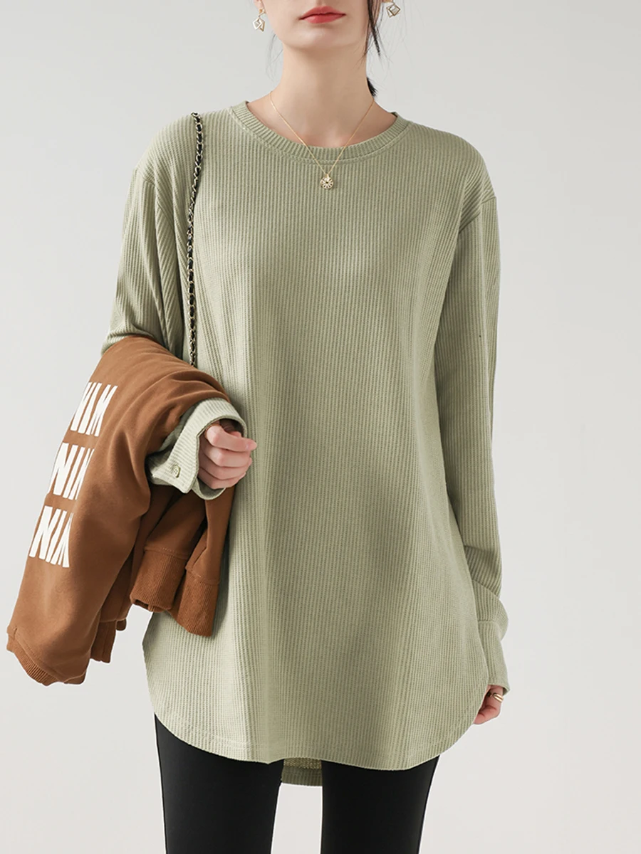 Unique Women's Long Sleeve Base Shirt Inner Wear T-Shirt plus Size Mid-Length Butt Covering Fashionable Top Daily Wear