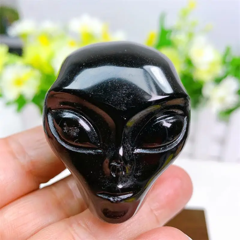 2Inch Natural Black Obsidian Alien Schedel Kristal Gesneden Reiki Healing Gemstone Beeldje Ambachten Home Decor Ornament Gift 1Pcs