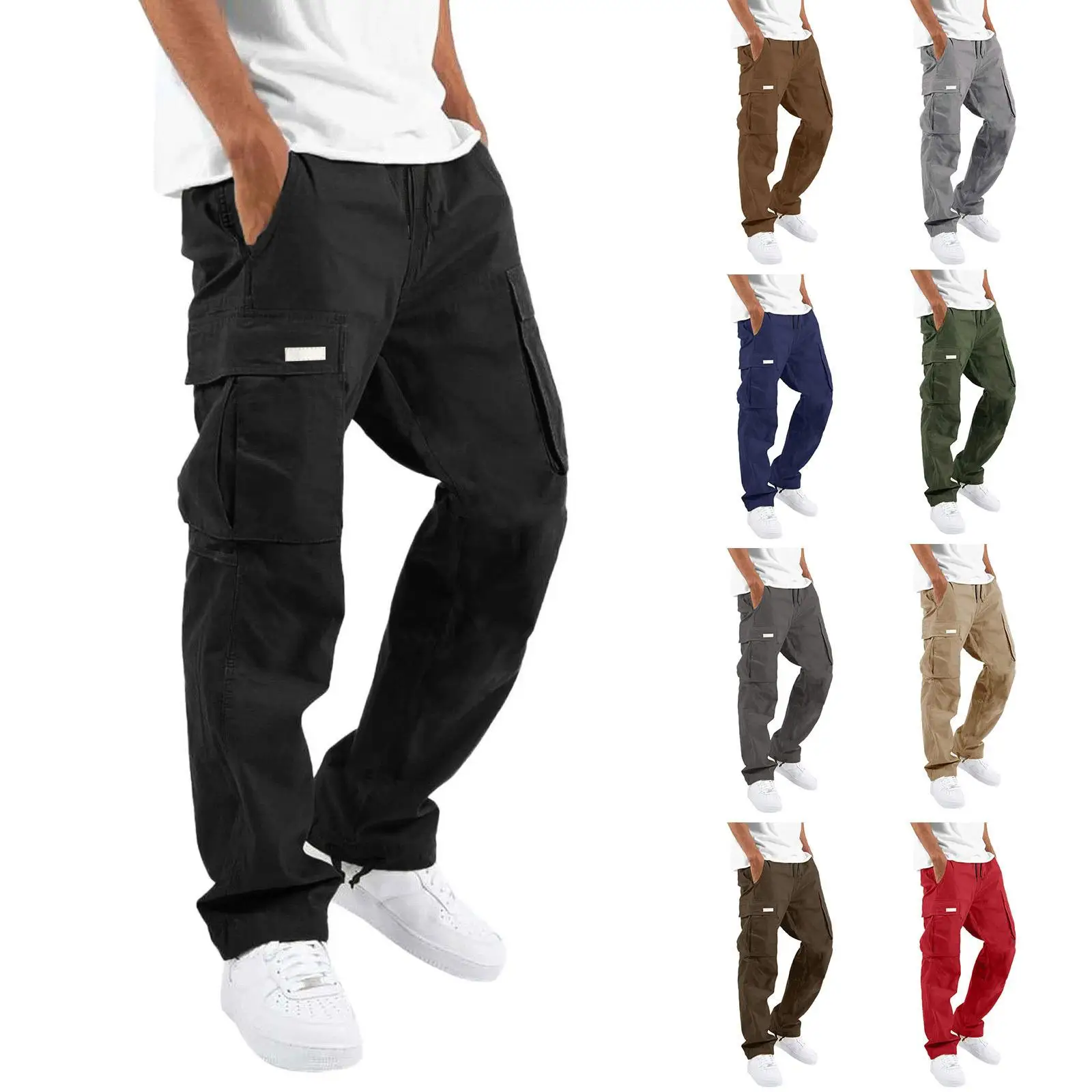 

Men's Work Pants with Single Dstring ket Straight Leg Loose Fit Knitted Cotton Casual Trousers mid Waist Belted