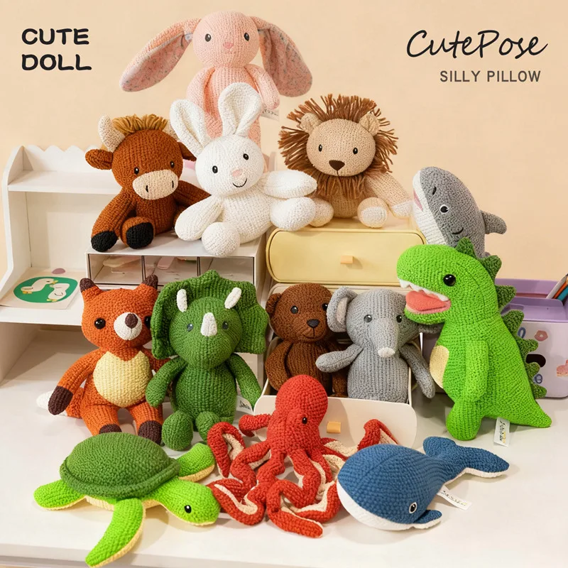 Boneca animal de malha artesanal urso coelho elefante raposa crochê boneca bebê brinquedo calmante brinquedo educativo fotografia adereços