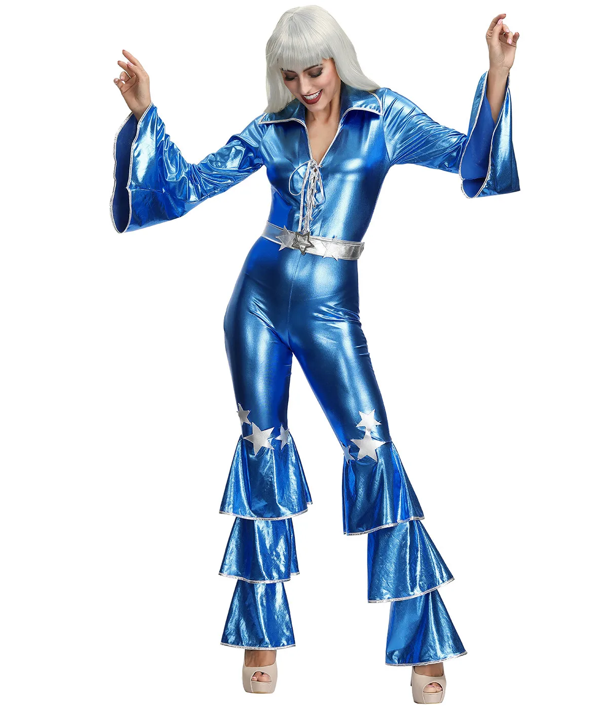 IOOTIANY Retro Hippie Disco Kostüm für Erwachsene 60er 70er Jahre Damen Karneval Nachtclub Party Bühnen-Tänzerin Sängerin Performance Jumpsuit – Detail 6