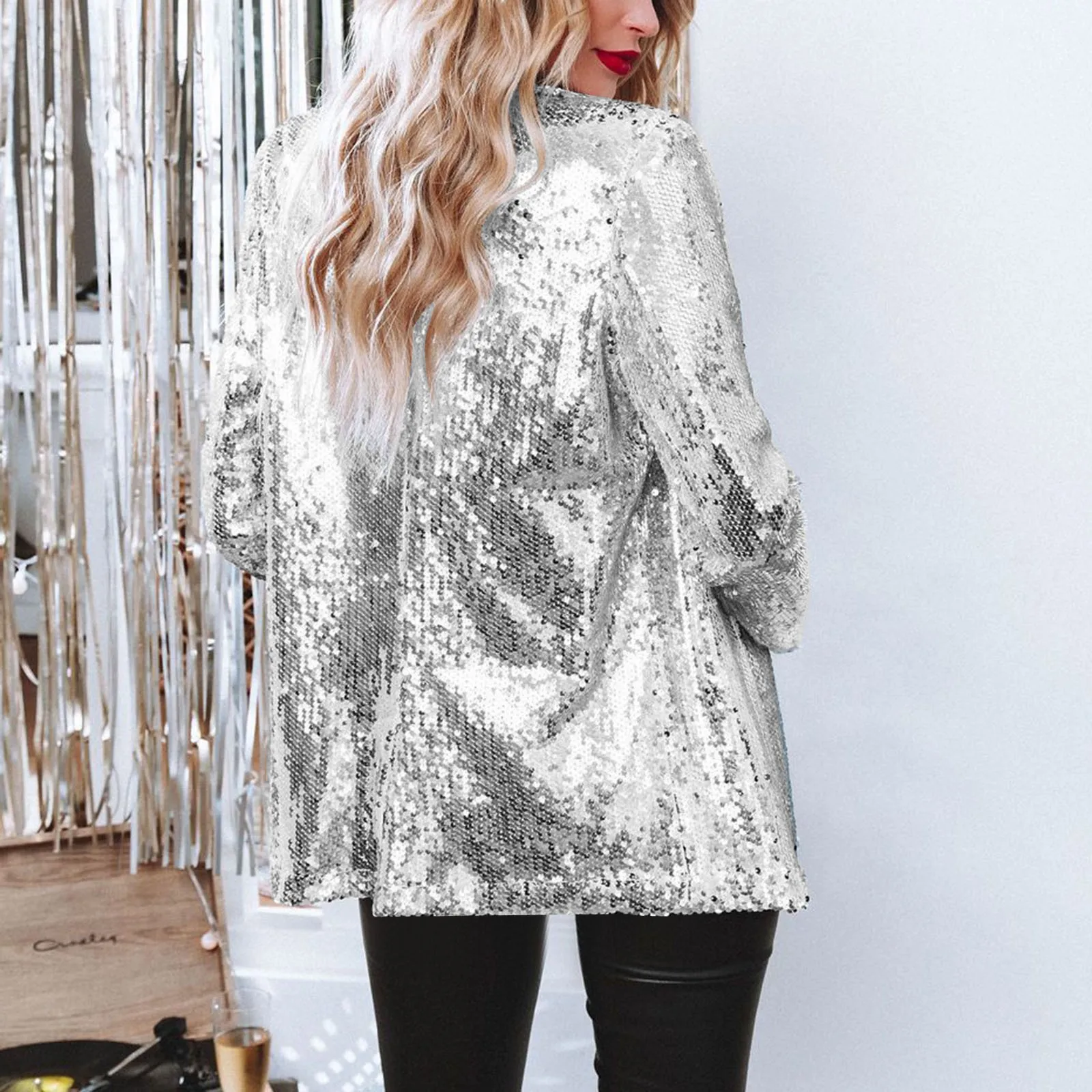 Women'S Fashion Sequin Casual Coat Lapel Long Sleeve Slim Suit Coat Elegant Temperament Beautiful Coat Trend Thin Coat